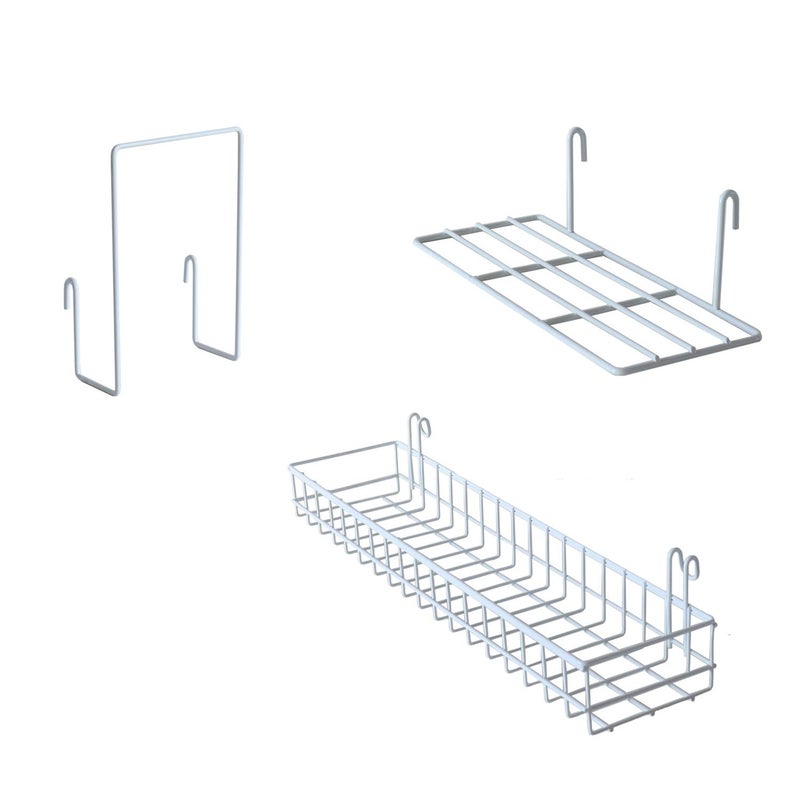 FRIADE Wall Grid Panel Hanging Basket with Hooks,Bookshelf,Display Shelf,Wall Organizer and Storage Shelf for Home Supplies,1 Set of 3 (White) - Image 1